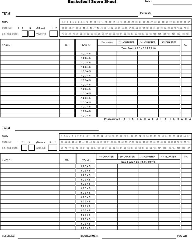 Basketball Score Sheet 2022