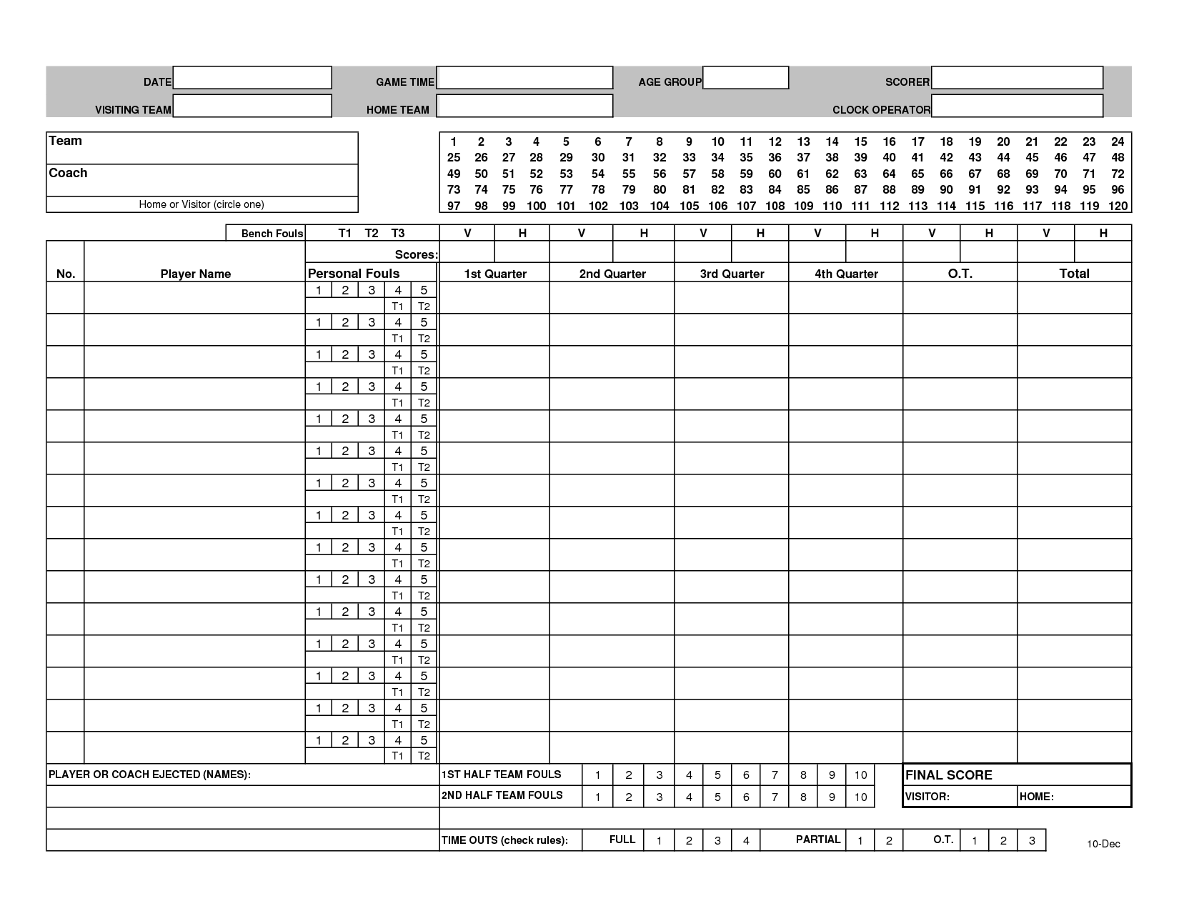 Basketball Stat Sheet 2022