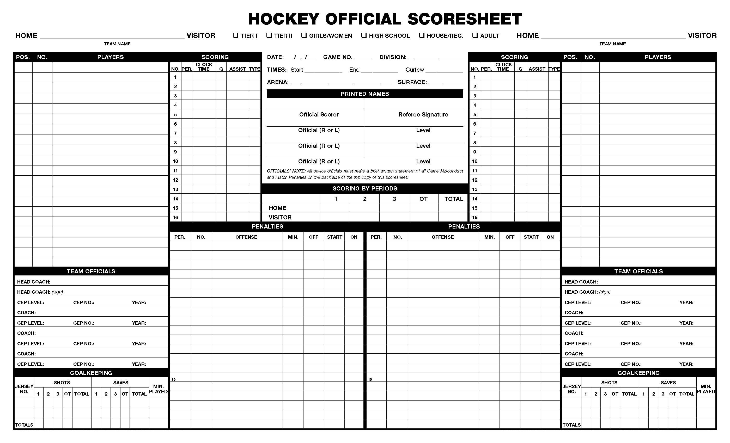 Score Sheet for Hockey 2020